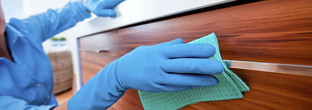 Cleaner wearing blue gloves wiping a wooden cabinet drawer with a microfiber cloth for dust and grime removal, Arlington, TX.