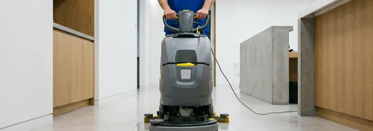 Janitorial staff using a floor scrubber machine to clean a commercial hallway, Arlington, TX.
